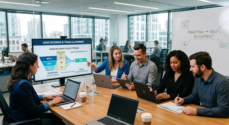 Digital marketing and sales professionals collaborating in a modern conference room, analyzing a lead qualification funnel and conversion metrics on a monitor to align lead scoring strategies.